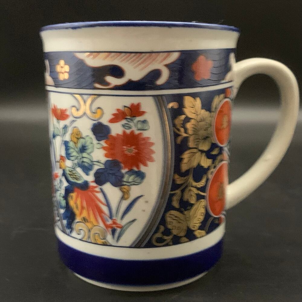 Vintage GHC Peacock Butterfly Floral Speckled Ceramic Coffee Mug Blue Red Gold